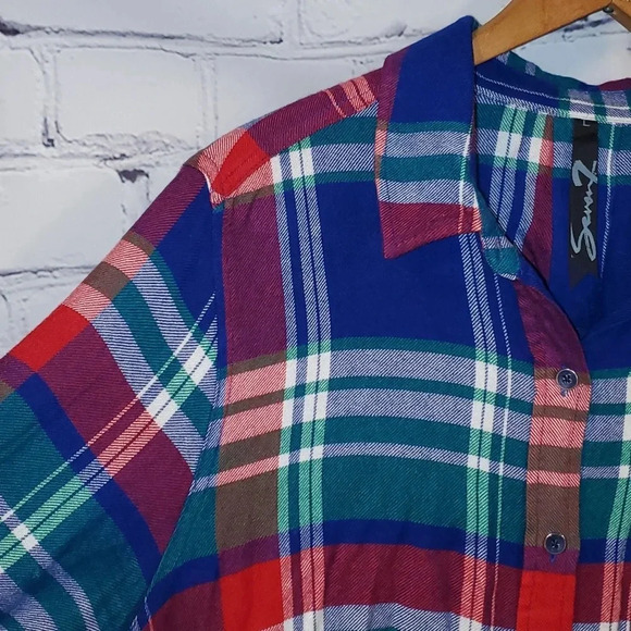 Seven 7 Plaid Flannel Button Down Hi-Low Shirt Size Large - Picture 2 of 11